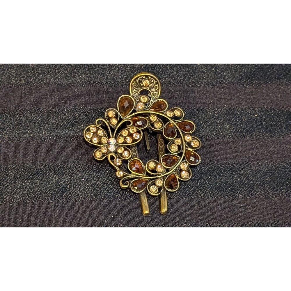 Vintage Gold Tone Rhinestone Butterfly & Floral Hair Clip